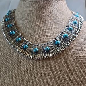 Vintage Beaded Safety Pin Cleopatra Necklace Blue And Silver Tone